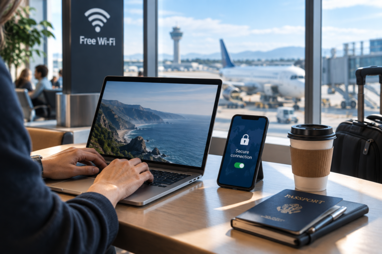 Traveler using a laptop and smartphone on Wi-Fi during an international trip