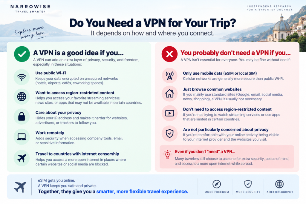 VPN decision guide for international travelers showing when a VPN may or may not be useful
