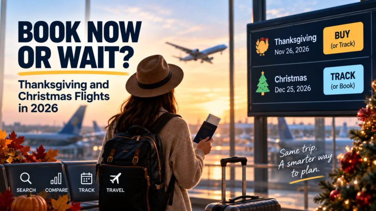 Traveler deciding when to book Thanksgiving and Christmas flights in 2026