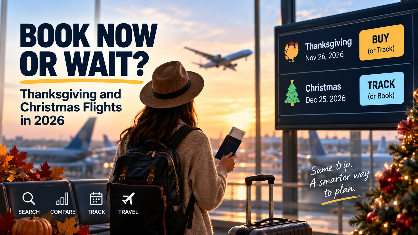 Traveler deciding when to book Thanksgiving and Christmas flights in 2026