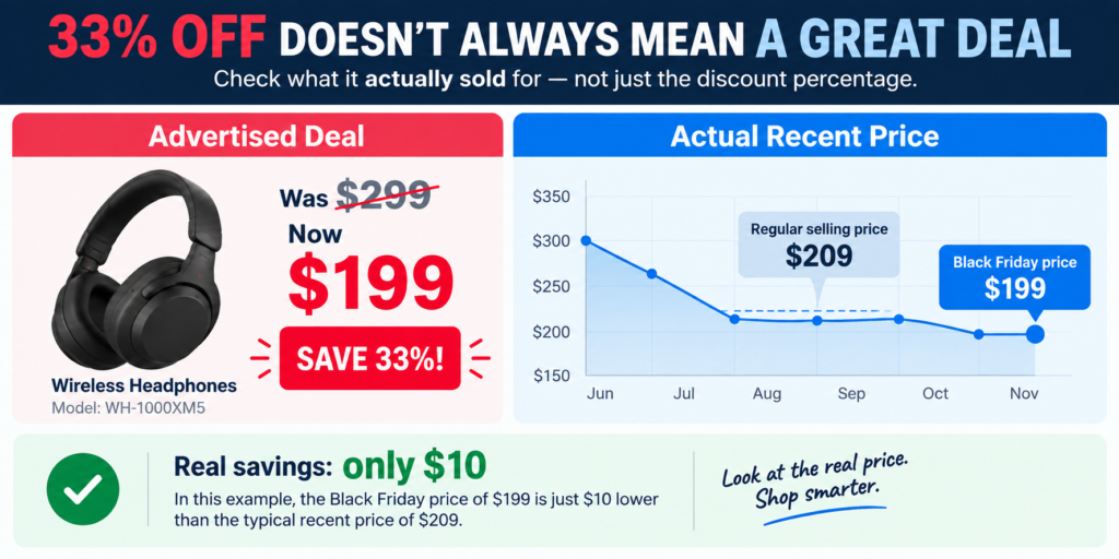 Black Friday deal example showing a $199 sale price compared with a typical recent price of $209, resulting in only $10 in real savings.