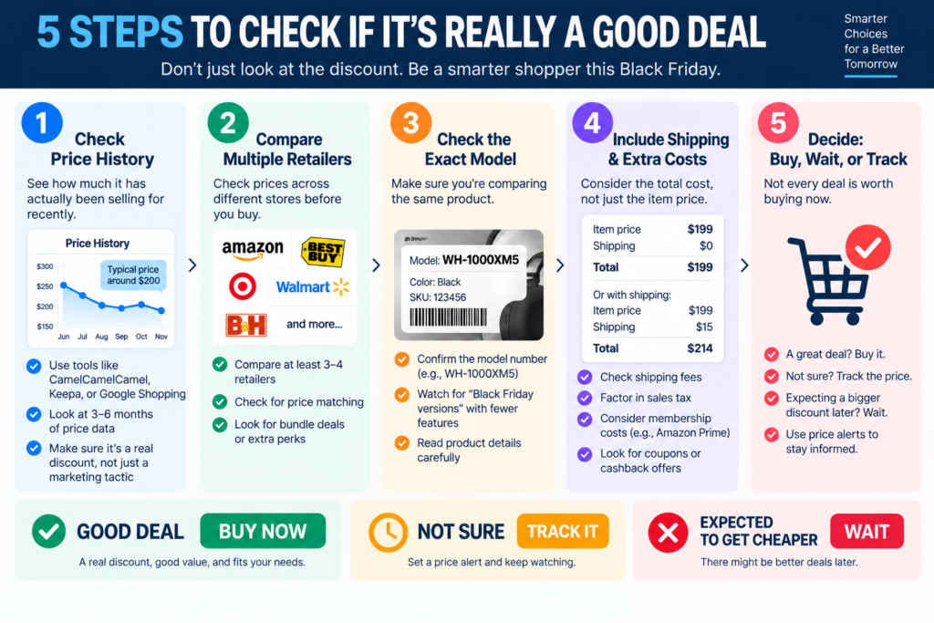 Five steps to check if a Black Friday deal is actually good, including price history, retailer comparison, model verification, total cost, and whether to buy, wait, or track.