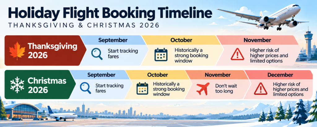 Thanksgiving and Christmas 2026 holiday flight booking timeline showing when to start tracking fares and when prices may rise