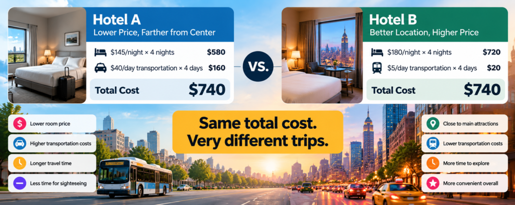 Cheap hotel vs better location comparison showing the same $740 total cost with different transportation costs and travel convenience