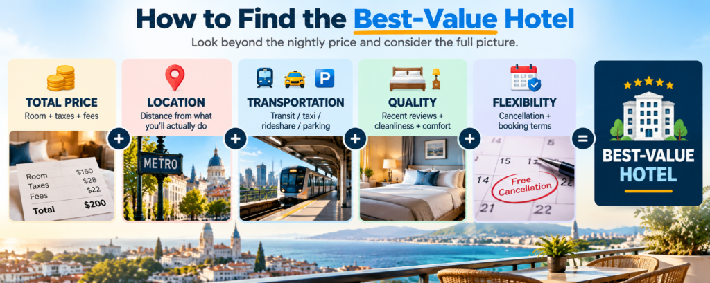 Best-value hotel formula comparing total price, location, transportation, quality, and booking flexibility