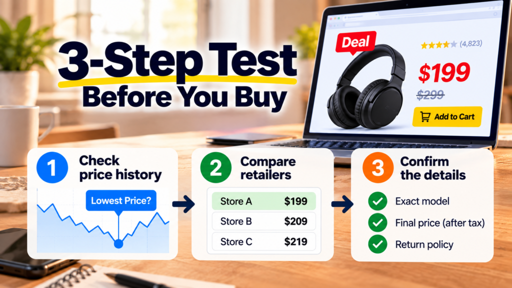 3-step test for early Prime Big Deal Days deals: check price history, compare retailers, and confirm purchase details