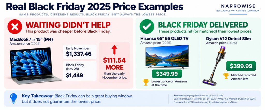 Real Black Friday 2025 price examples showing MacBook Air, Hisense TV, and Dyson price comparisons