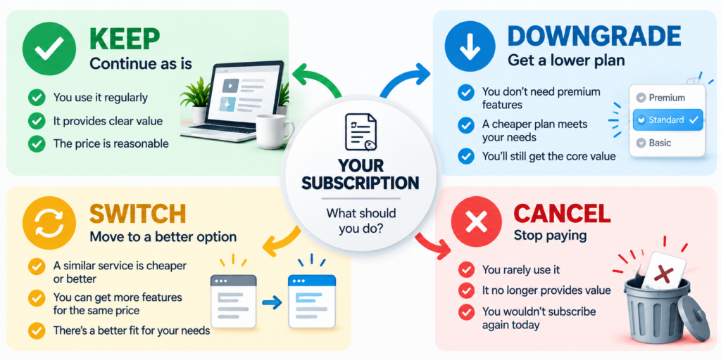 Subscription decision chart showing when to keep, downgrade, switch, or cancel